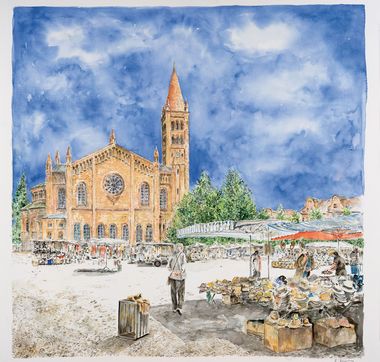 Gemälde das im Hintergrund die St. Peter und Paul Kirche zeigt und vorne der Bassinplatz mit buntem Markttreiben abgebildet