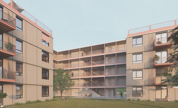Visualisierung Wohnblock in Modulbauweise mit Fenstern und Balkonen